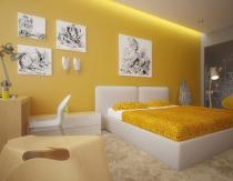 Желатая спальня — секреты дизайна Спальня в желто белых тонах